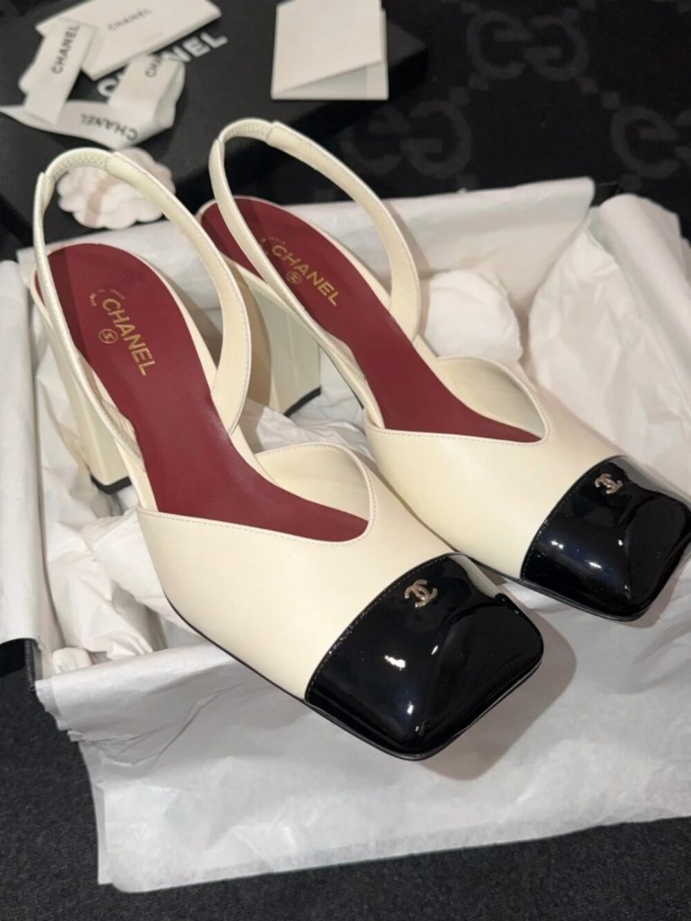 Chanel White Black Two‑Tone Slingback Block Heel Sandals